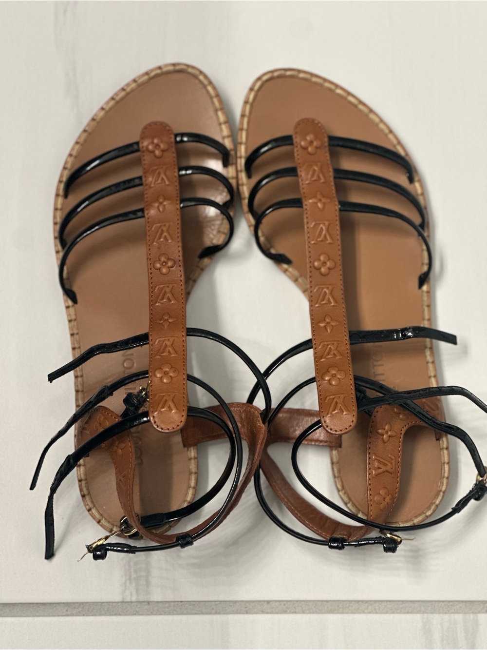 Louis Vuitton Brown & Black Leather Gladiator Sandals Size 38 (8)